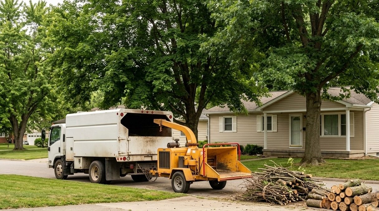 Unbranded chip truck and chipper staged on a residential street after tree work