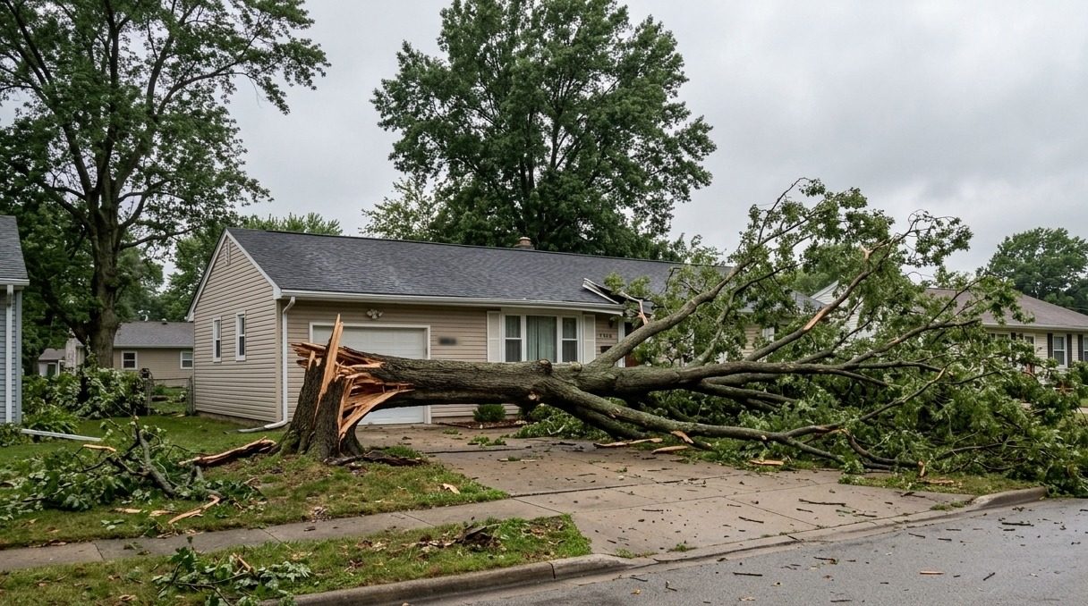 Storm-fallen tree across a driveway beside a house, viewed from a safe distance