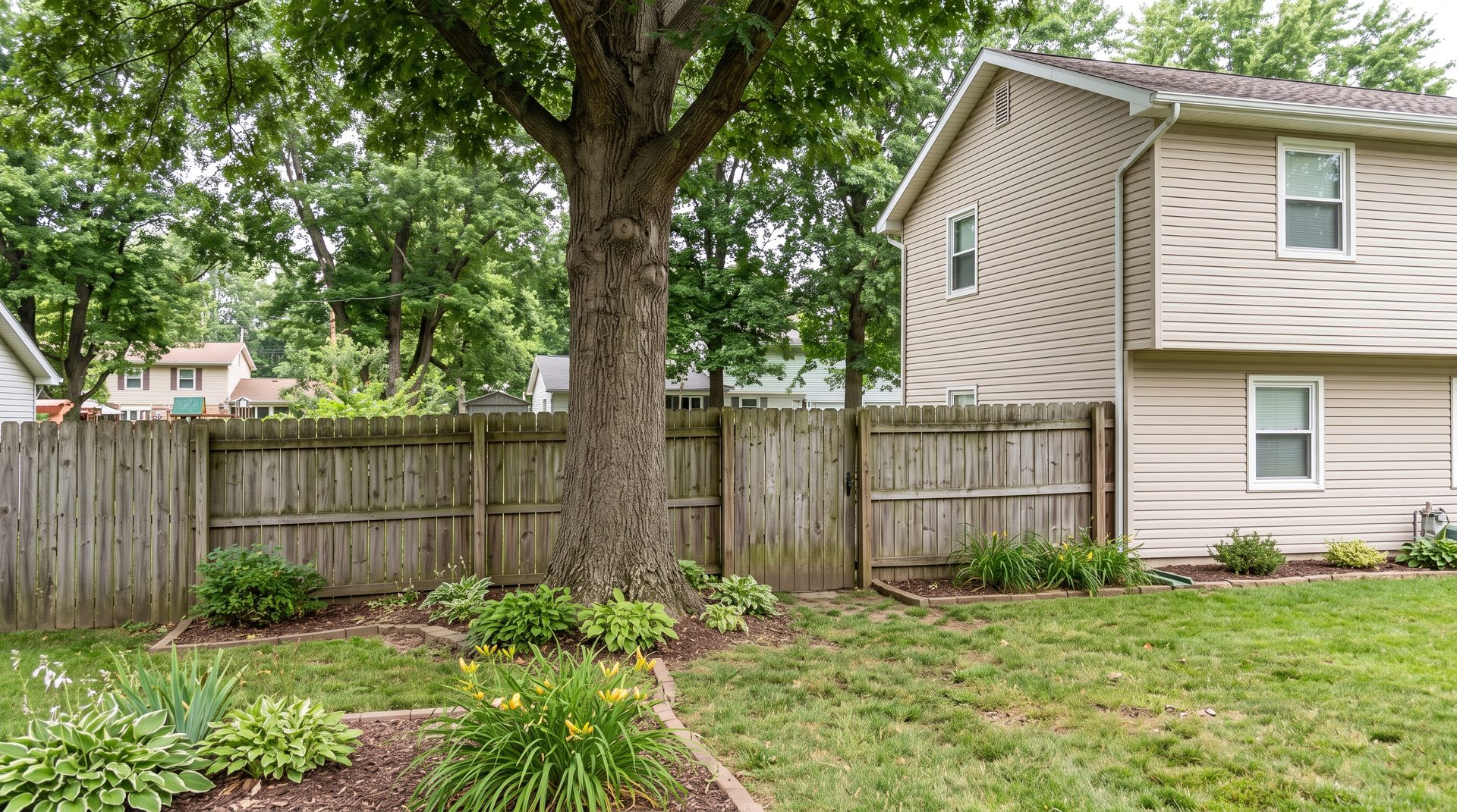 Tree beside a shared wooden fence with a narrow backyard gate