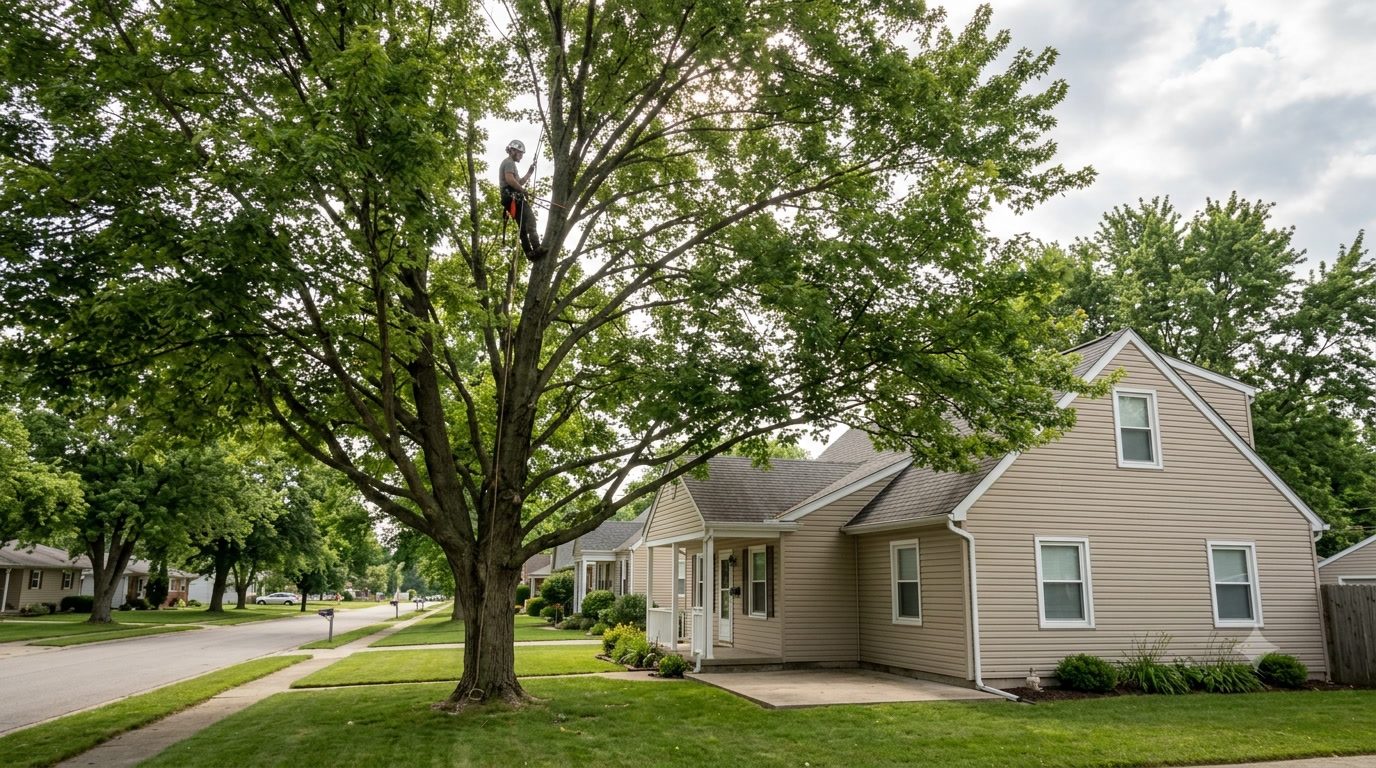 Residential tree canopy near a roof and patio, clearance concern in view