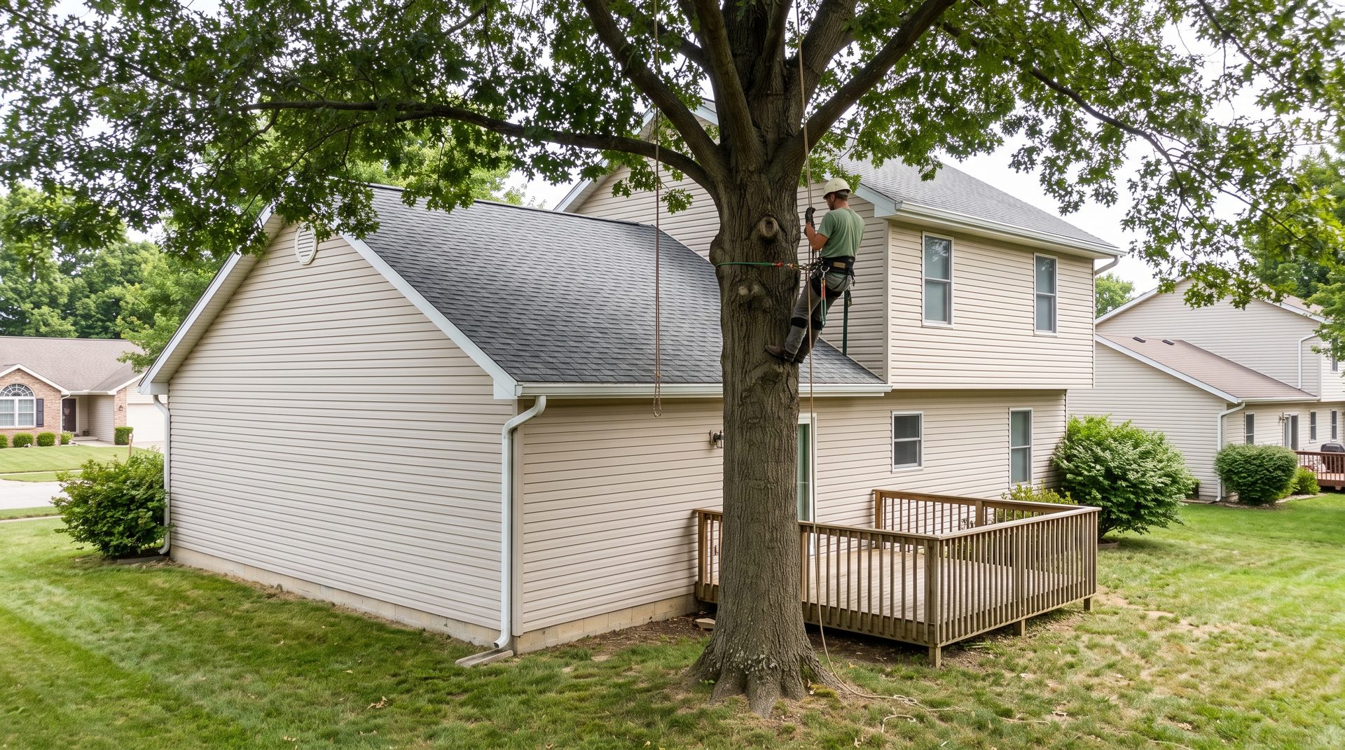 Mature tree close to a Midwestern house and deck, showing limited working space