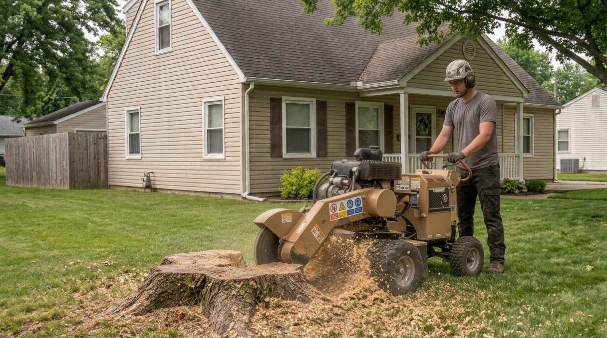 Stump grinder at an old stump in a residential lawn with clear yard access