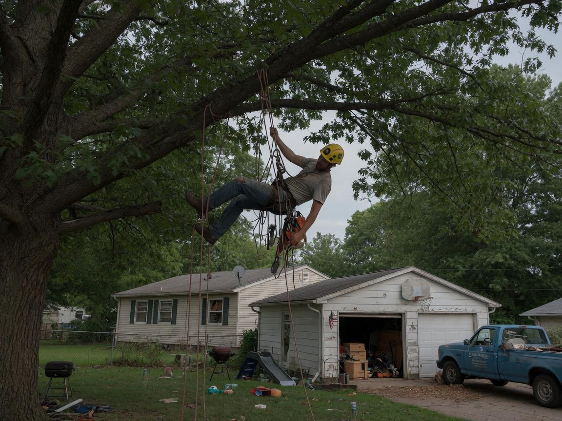 Climber roped into a pin oak over a garage, Evansville east side